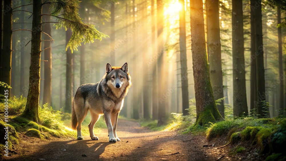 Fototapeta premium Wolf roaming through forest path with sunlight filtering through trees
