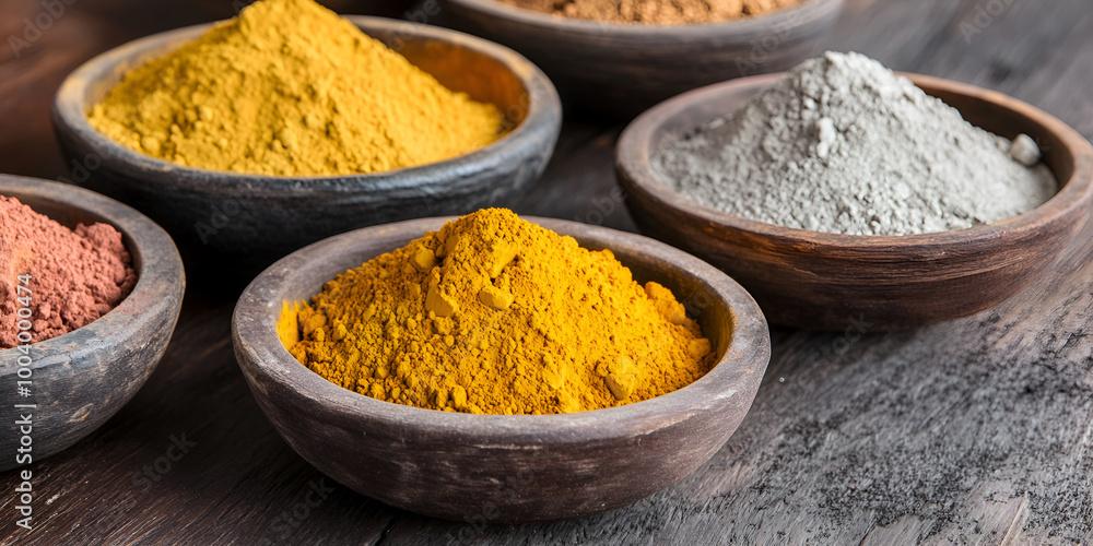 Assorted Spices in Earthen Bowls Overhead View Assorted Spices in Earthen Bowls Overhead View