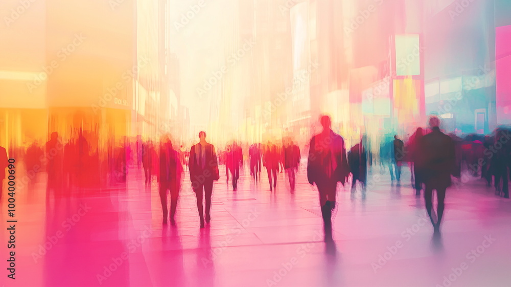 Hazy out-of-focus depiction of a busy street scene with silhouettes in a city environment Hazy out-of-focus depiction of a busy street scene with silhouettes in a city environment