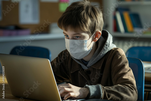 Boy with mask in school