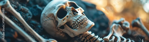 Human skeleton resting on the ground, showcasing intricate bone details in natural setting. photo