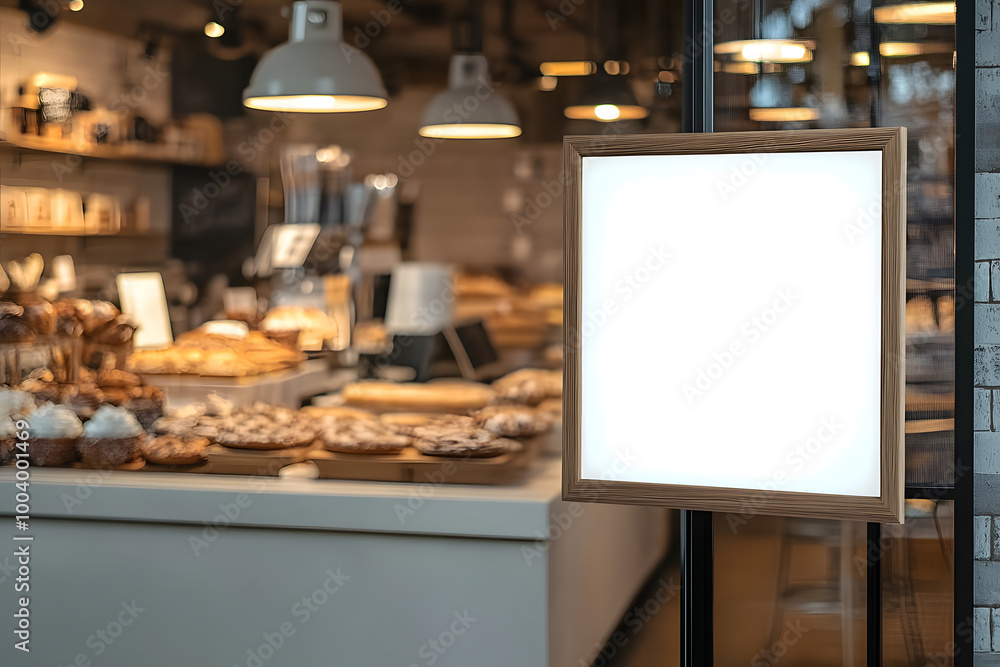 Blank advertising mockup board for advertisement at the bakery shop. Blank advertising mockup board for advertisement at the bakery shop.