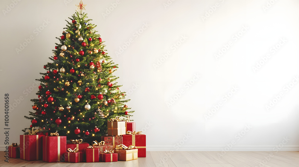 Big beautiful christmas tree decorated with beautiful shiny baubles and many different presents on wooden floor. White wall background with a lot of copy space for text. Close up. Big beautiful christmas tree decorated with beautiful shiny baubles and many different presents on wooden floor. White wall background with a lot of copy space for text. Close up.