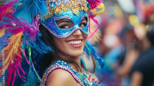 Joyful woman in a colorful feathered carnival costume with a blue mask at a parade.