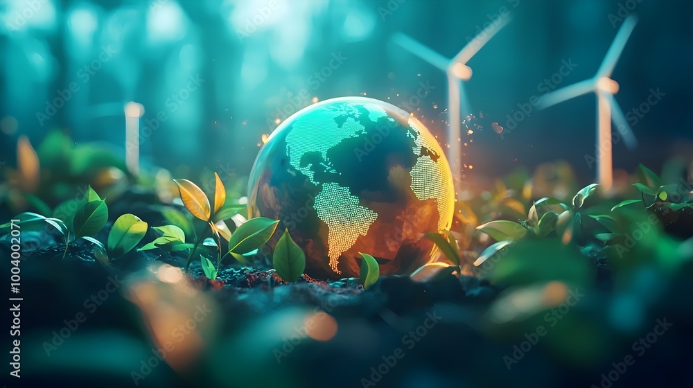3D Globe Surrounded by Glowing Leaves and Wind Turbines,Symbolizing Eco-Friendly Energy 3D Globe Surrounded by Glowing Leaves and Wind Turbines,Symbolizing Eco-Friendly Energy