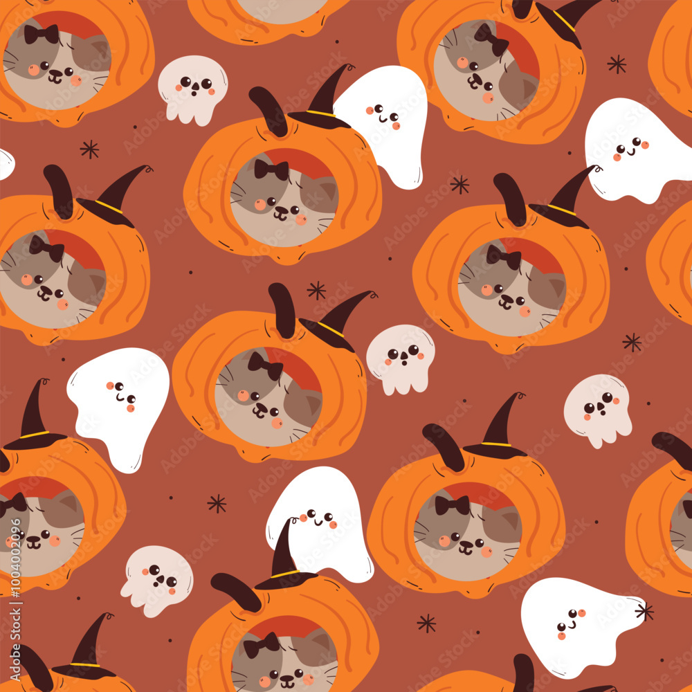 Naklejka premium seamless pattern cartoon cat with ghost and pumpkin halloween. cute halloween wallpaper for fabric print, gift wrap paper