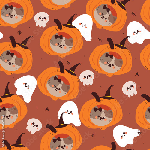 seamless pattern cartoon cat with ghost and pumpkin halloween. cute halloween wallpaper for fabric print, gift wrap paper