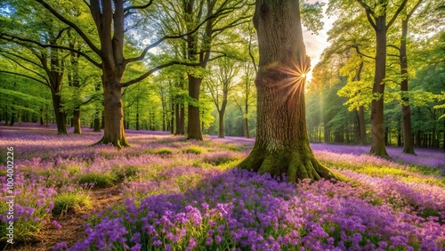 Wooded forest with burr oak tree and purple phlox in late afternoon sun