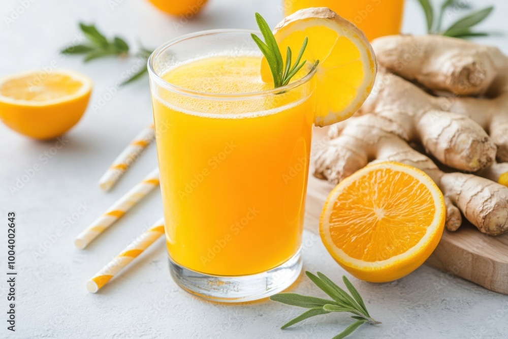 Refreshing orange and ginger juice with a lemon slice and rosemary garnish