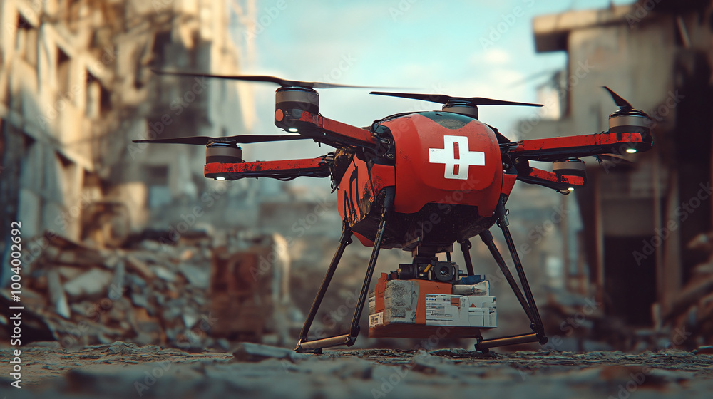 An AI-controlled medical drone delivering supplies in a disaster zone. An AI-controlled medical drone delivering supplies in a disaster zone.