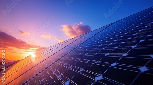 Solar panels absorbing sunlight during a vibrant sunset in a rural area showcasing sustainable energy solutions