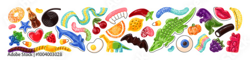 Jelly set. Gelatin candies with different shapes: heart, worm, bear, egg, eye, teeth. Cute soft sweets, gummy dessert, tasty fruit food for kids. Flat isolated vector illustration on white background