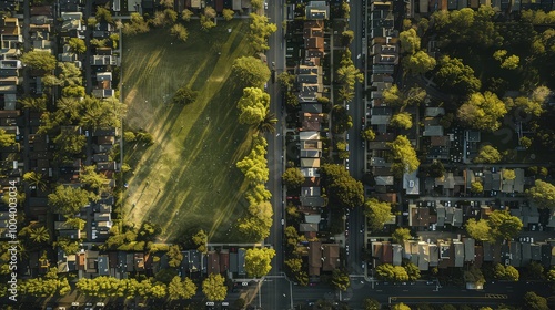 An overhead shot of two neighboring areas one with well-maintained parks and homes, and the other with crowded housing and scarce green spaces.