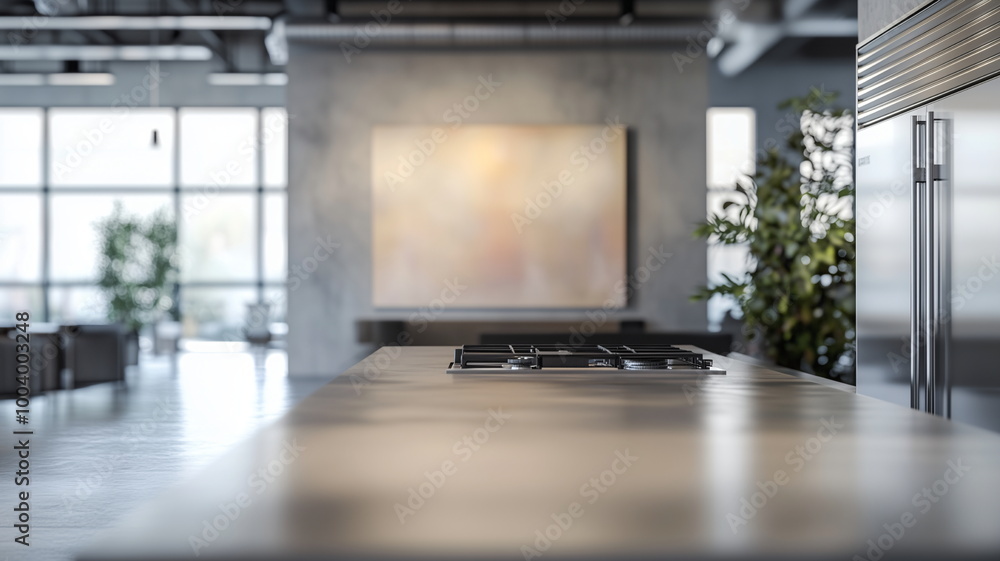 Out-of-focus image of a modern office kitchen with a minimalist aesthetic and sleek countertops Out-of-focus image of a modern office kitchen with a minimalist aesthetic and sleek countertops