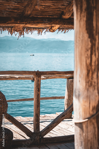 Wallpaper Mural Museum on water in the Bay of Bones on the Ohrid Lake in North Macedonia. Popular tourist destination - Amazing landscape. Torontodigital.ca