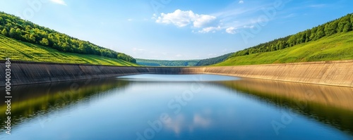 Large earthen dam with lush greenery on its slopes, reservoir water reflecting the sky, dam structure, sustainable infrastructure photo