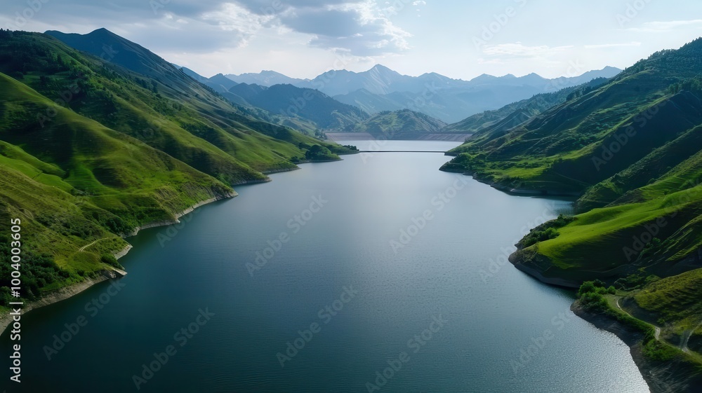 Aerial view of a rockfill dam nestled in a valley, calm reservoir water, dramatic mountain backdrop, dam structure, natural harmony Aerial view of a rockfill dam nestled in a valley, calm reservoir water, dramatic mountain backdrop, dam structure, natural harmony