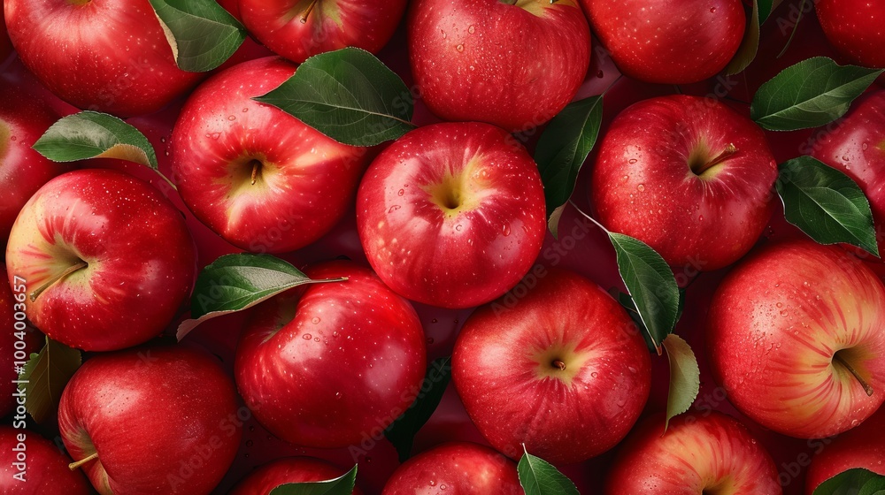 Close up of fresh red apple fruit background with leaves, top view. Photorealistic high resolution macro photography for advertising or food design. Close up of fresh red apple fruit background with leaves, top view. Photorealistic high resolution macro photography for advertising or food design.