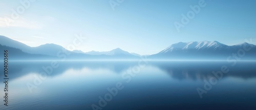 Serene landscape with tranquil water reflecting distant mountain peaks under a clear blue sky.