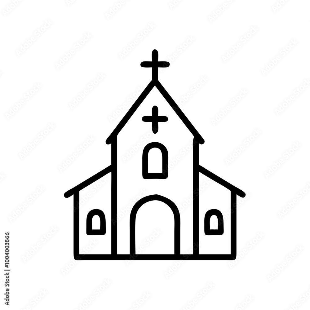 Church building icon in black outline on white background Church building icon in black outline on white background