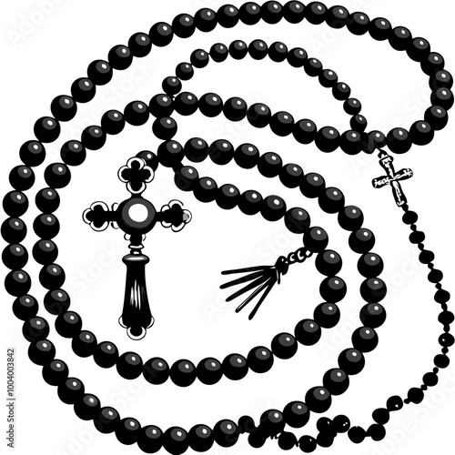 Black rosary with crucifix in detailed illustration on white background