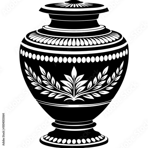 Black and white cremation urn illustration with floral pattern