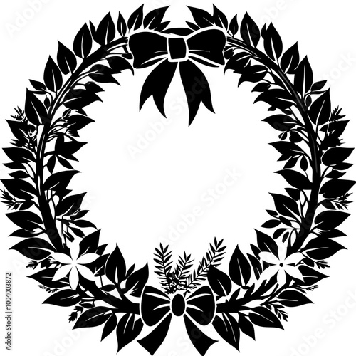 Funeral wreath icon, black silhouette, with decorative bows and greenery, copy space