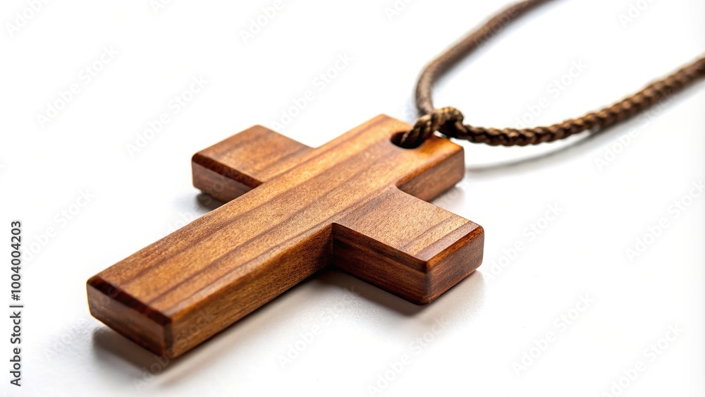 Fototapeta premium Wooden Christian cross necklace isolated on white background close-up