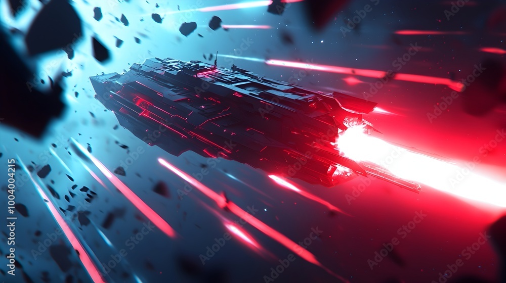 Naklejka premium Glowing Laser Destroyer Ship in Cosmic Battlescape