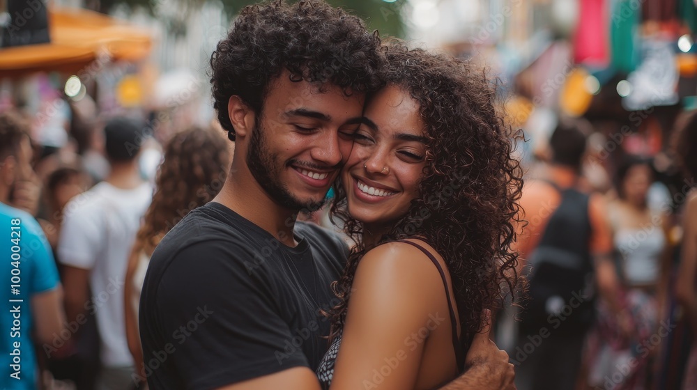 Joyful couple embracing at a street festival with a happy crowd in the background. Joyful couple embracing at a street festival with a happy crowd in the background.