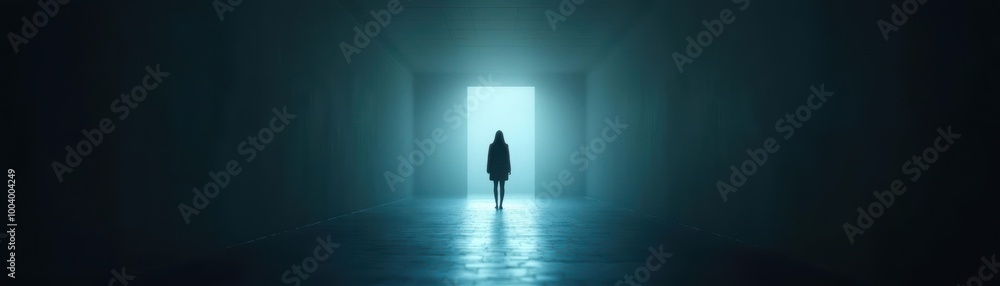 Obraz premium Silhouette of a person standing in a dark corridor leading to a bright light.