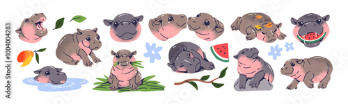Cute baby hippo set. Funny pygmy hippopotamus has fun, sleeps, eats watermelon. Happy plump African animal swims in water, walks, relaxes. Flat isolated vector illustrations on white background