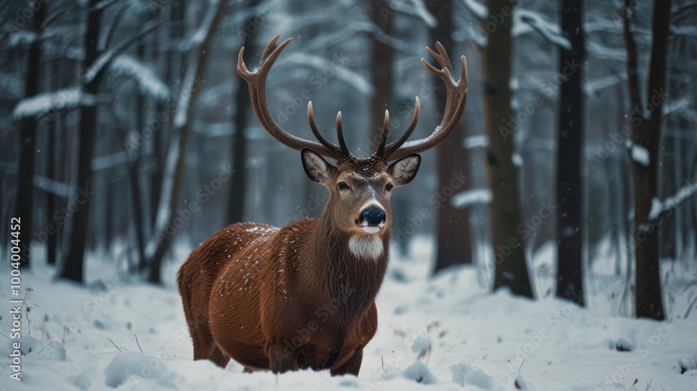 A majestic red deer with large antlers stands in a snowy forest, looking directly at the camera. A majestic red deer with large antlers stands in a snowy forest, looking directly at the camera.