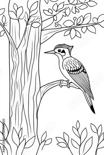 Woodpecker is perched on a tree branch, surrounded by leaves, in this coloring page illustration photo