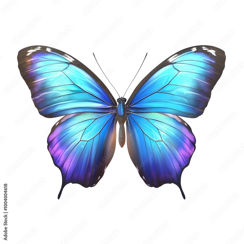 Iridescent Blue Morpho Butterfly with Vibrant Wings on White Background Iridescent Blue Morpho Butterfly with Vibrant Wings on White Background