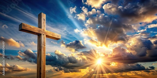 Fototapeta Naklejka Na Ścianę i Meble -  Wooden cross with bright sun and clouds in the background on a blue sky, Christian religious symbol