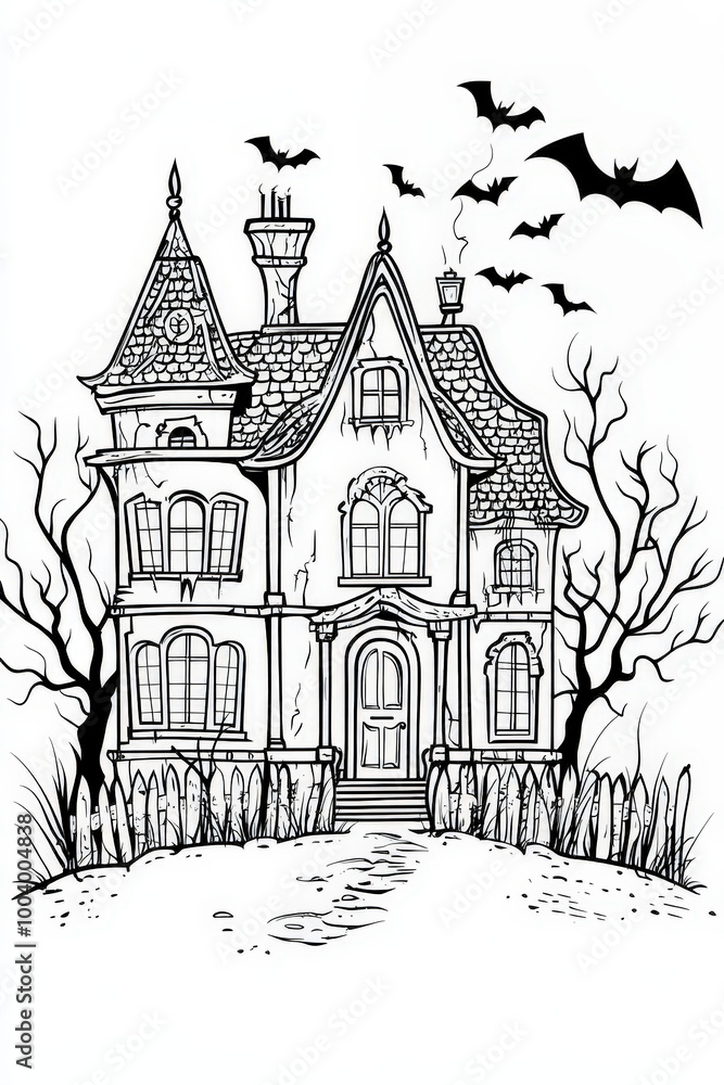 Fototapeta premium Black and white illustration of a spooky victorian haunted house perfect for coloring activities