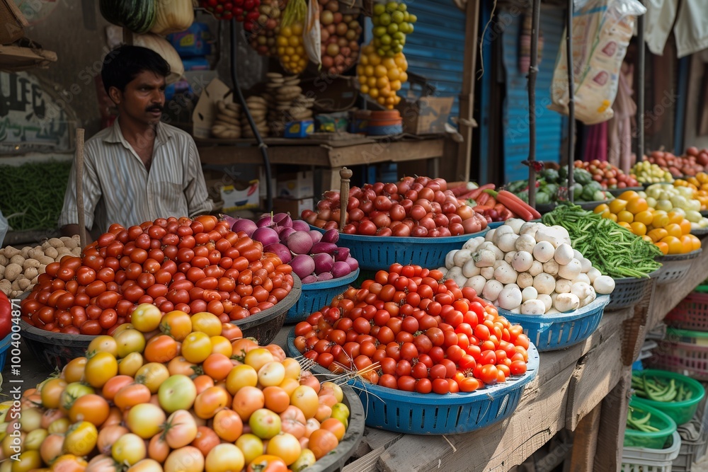 Colorful stalls display an array of fresh vegetables as a vendor organizes products and engages with customers Colorful stalls display an array of fresh vegetables as a vendor organizes products and engages with customers