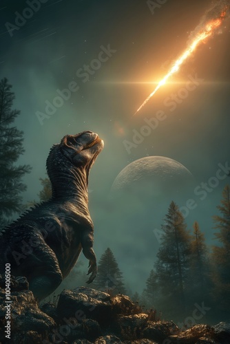 dinosaurs looking up at a meteor heading from them on earch  photo