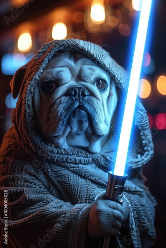 english bulldog as luke skywalker, using white jedi clothes, star wars movie poster, blue lightsaber visible --ar 2:3 --style raw --stylize 750 --v 6 Job ID: 18b90a3d-edae-4341-b7a9-ed5988705d40