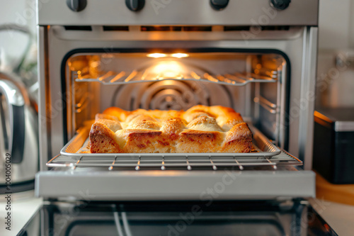 Golden pie baking in a modern convection oven, filling the kitchen with a warm and inviting aroma photo