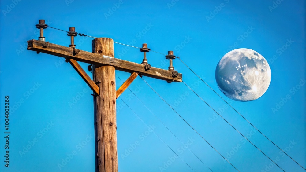 Wooden electric pole against blue background with moon Wooden electric pole against blue background with moon
