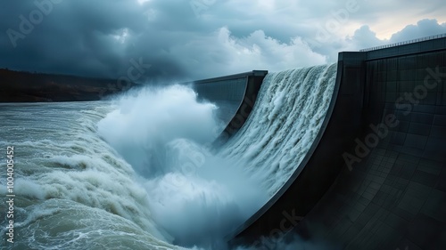 Closeup of a spillway on a modern dam, turbulent water rushing out, mist rising in the distance, dam types, powerful water flow, 3D illustration