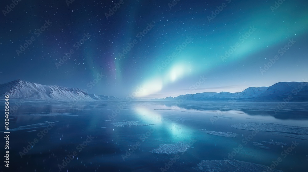 Stunning northern lights reflect over a tranquil icy landscape under a starry night sky. Stunning northern lights reflect over a tranquil icy landscape under a starry night sky.