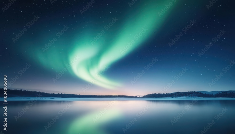 Stunning northern lights reflecting over calm waters at night, creating a serene and magical atmosphere. Stunning northern lights reflecting over calm waters at night, creating a serene and magical atmosphere.