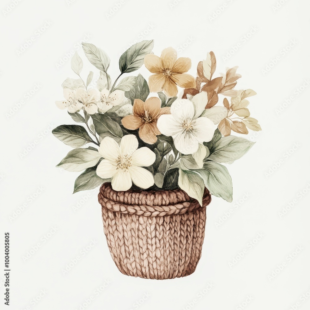 A decorative flower arrangement in a woven basket, showcasing soft colors and natural elements. A decorative flower arrangement in a woven basket, showcasing soft colors and natural elements.
