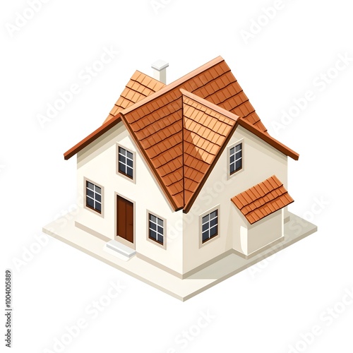 Simple Isometric House with Slanted Roof on White Background
