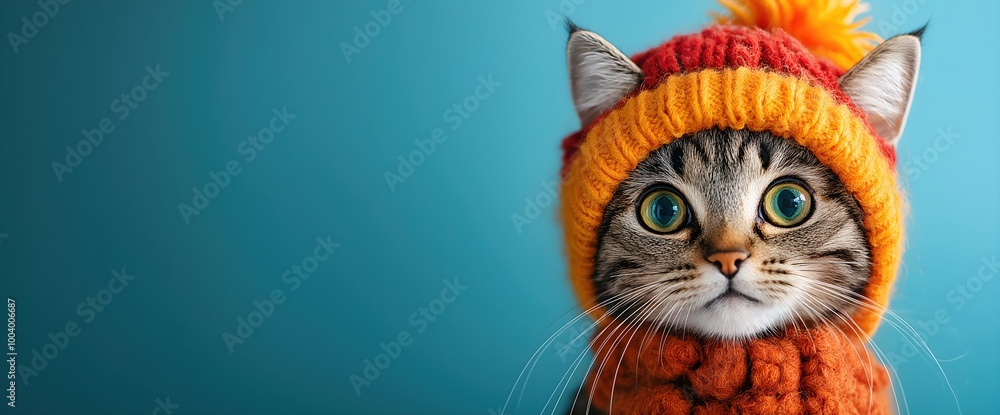 Tabby cat wearing knit hat with pom-pom on teal background. Pet fashion and winter warmth concepts Tabby cat wearing knit hat with pom-pom on teal background. Pet fashion and winter warmth concepts