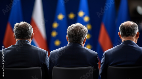 The back view of politicians with their heads turned slightly, as if listening to a speaker, the EU flag behind them serving as a powerful reminder of their shared mission. photo