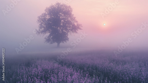 A dreamy, mist-covered meadow at dawn